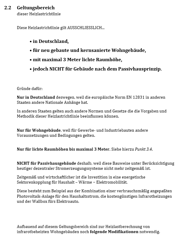 wichtige Punkte zum Geltungsbereich der Heizlastberechnung zu Infrarotheizungen