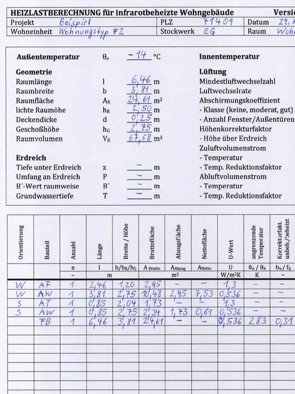 Beispiel einer Heizlastberechnung für Gebäude mit Thermobeschichtung und Infrarotheizung