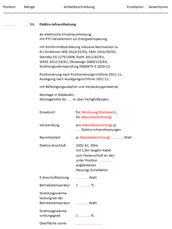 Auszug aus einem Standard-Ausschreibungstext für Infrarotheizungen