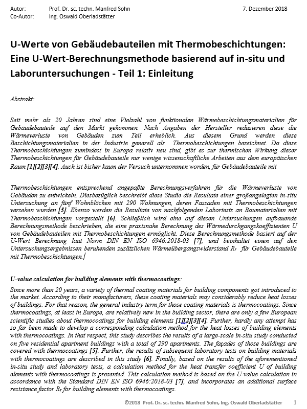 Studie zum U-Wert von Gebäudebauteilen mit Thermobeschichtung, Teil 1